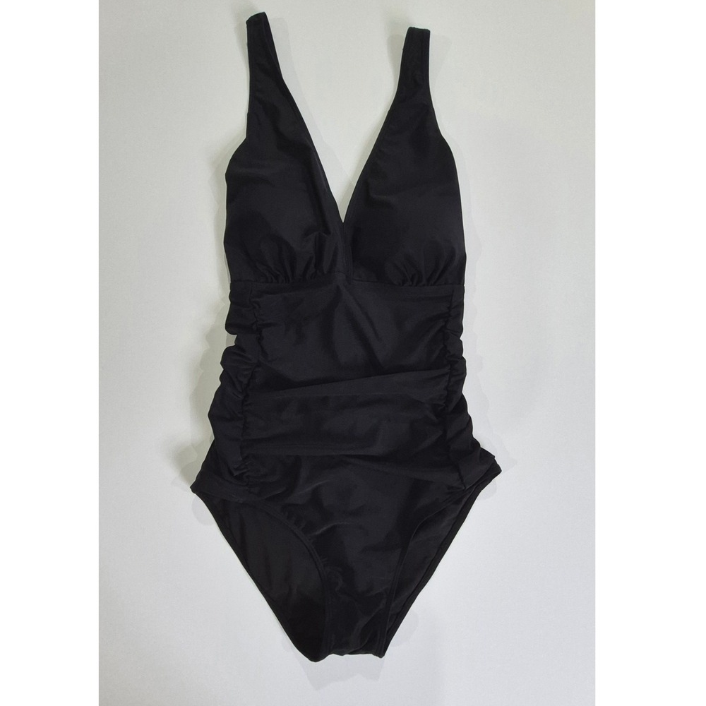 Aqua Eve Womens Black One Piece Swimsuit Ruched Tummy Control V-Neck NWT
